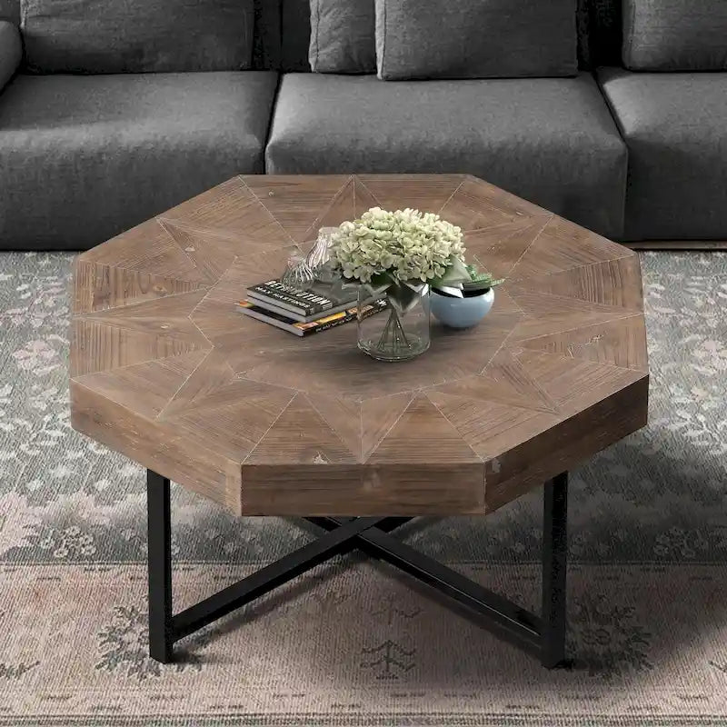 30-Inch Wood Octagonal Vintage Patchwork Coffee Table