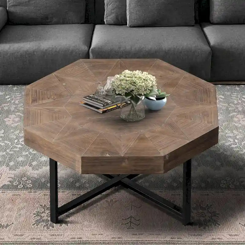 30-Inch Wood Octagonal Vintage Patchwork Coffee Table