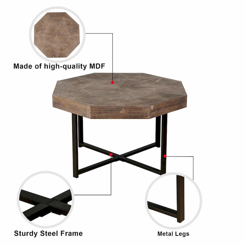 30-Inch Wood Octagonal Vintage Patchwork Coffee Table