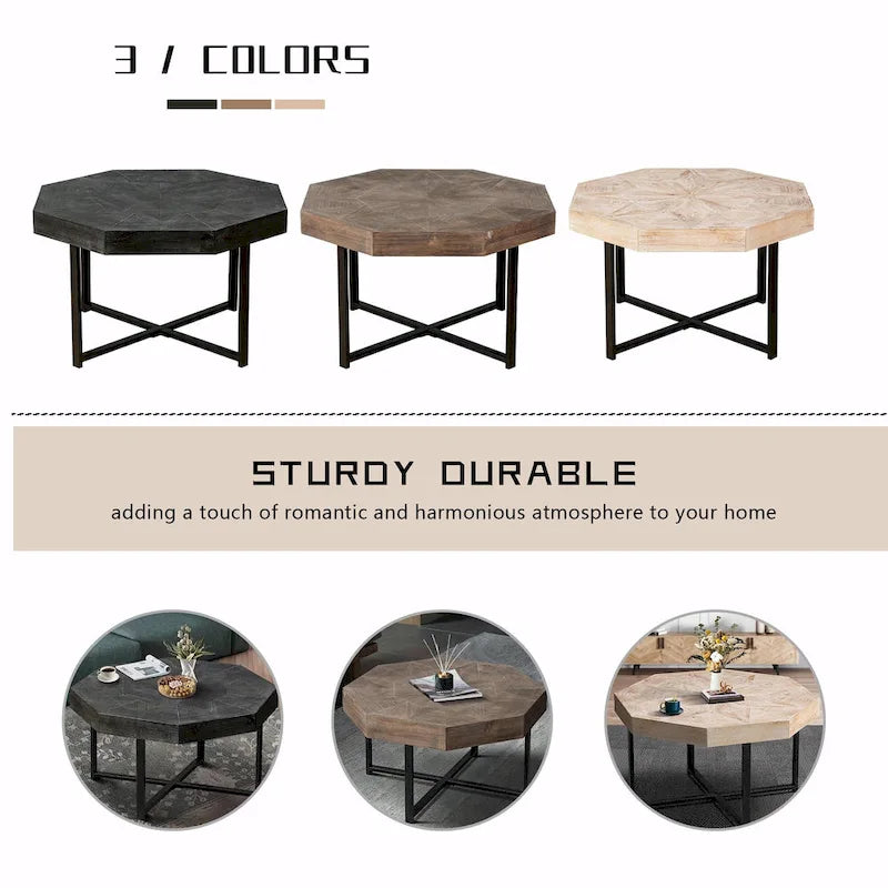 30-Inch Wood Octagonal Vintage Patchwork Coffee Table