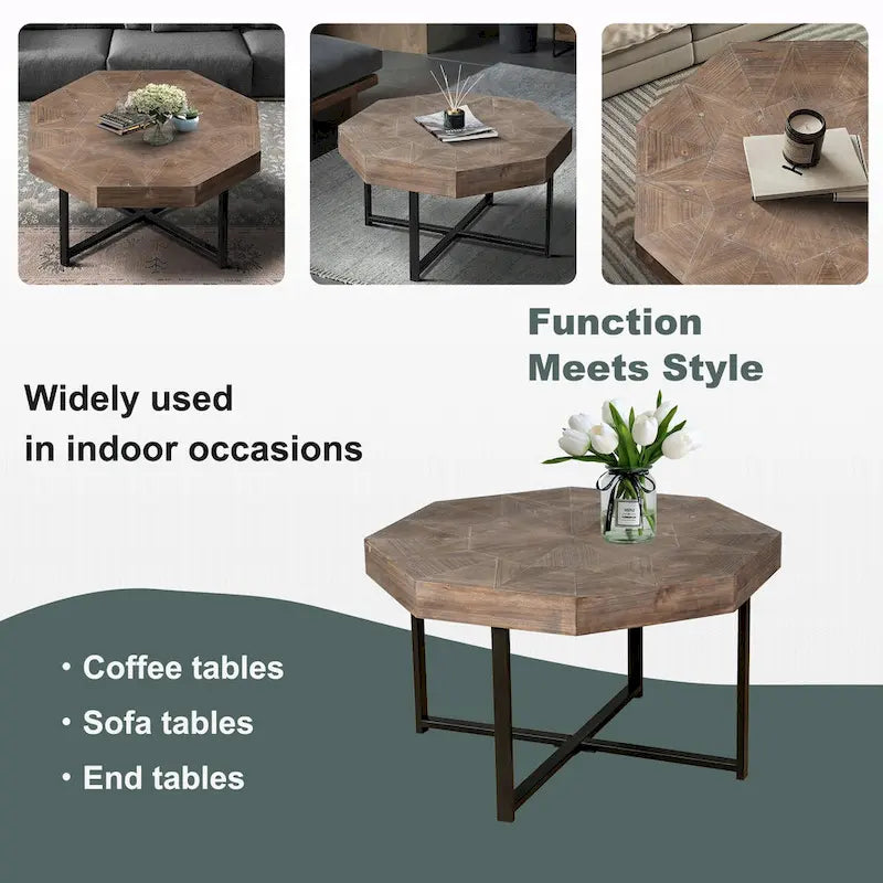 30-Inch Wood Octagonal Vintage Patchwork Coffee Table