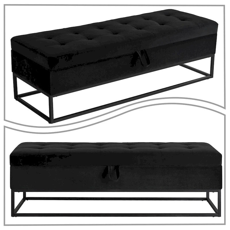 Modern Velvet Upholstered Storage Bench with Flip-Up Seat Top